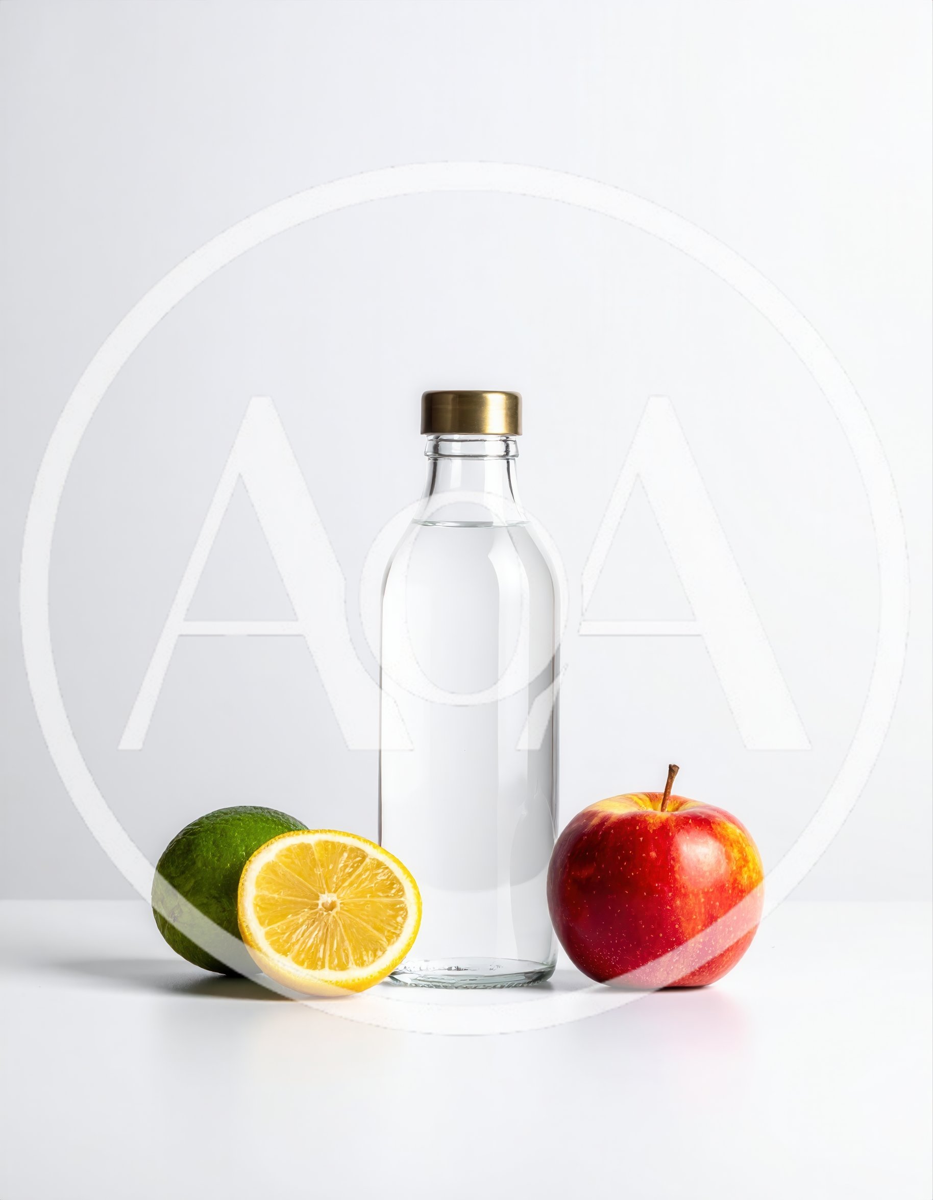 Glass Water Bottle With Fresh Fruit On White Background