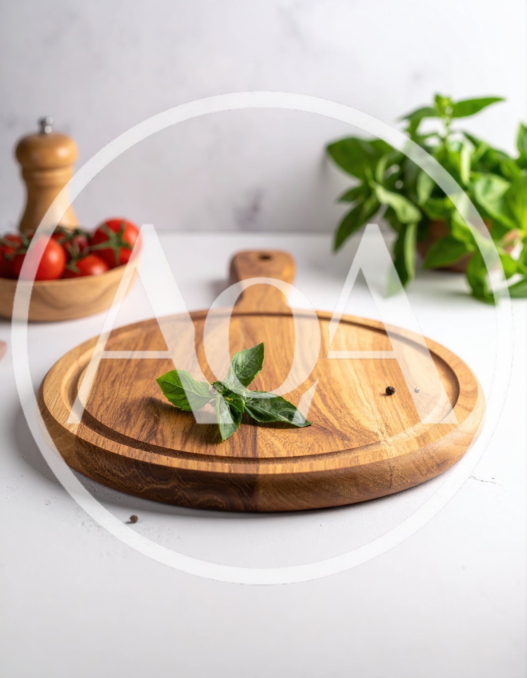 Fresh Basil Leaves on a Wooden Serving Board