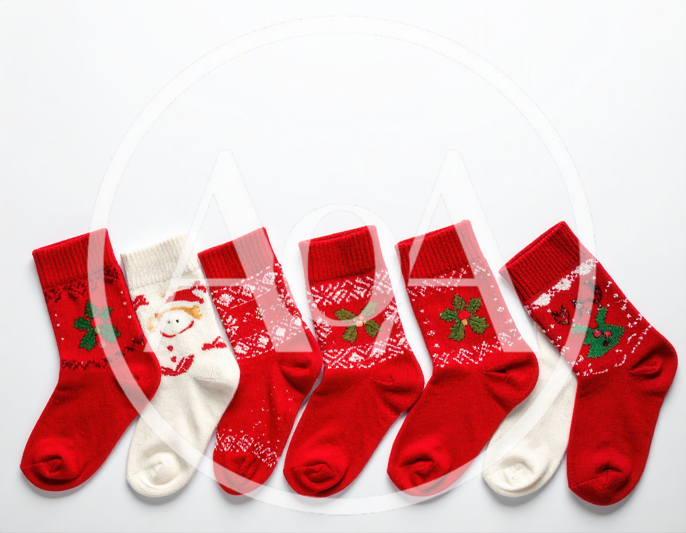 Collection of Festive Christmas Socks on White Background