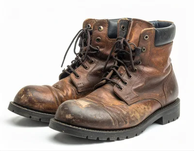 Pair Of Worn Brown Leather Work Boots