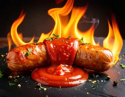Grilled Sausage Covered in Spicy Tomato Sauce