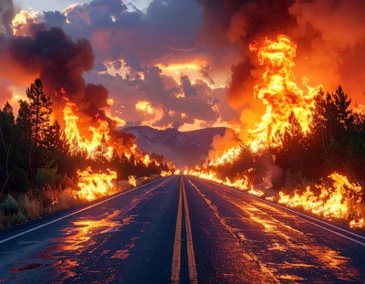 Wildfire Burning Along Both Sides Of A Mountain Highway