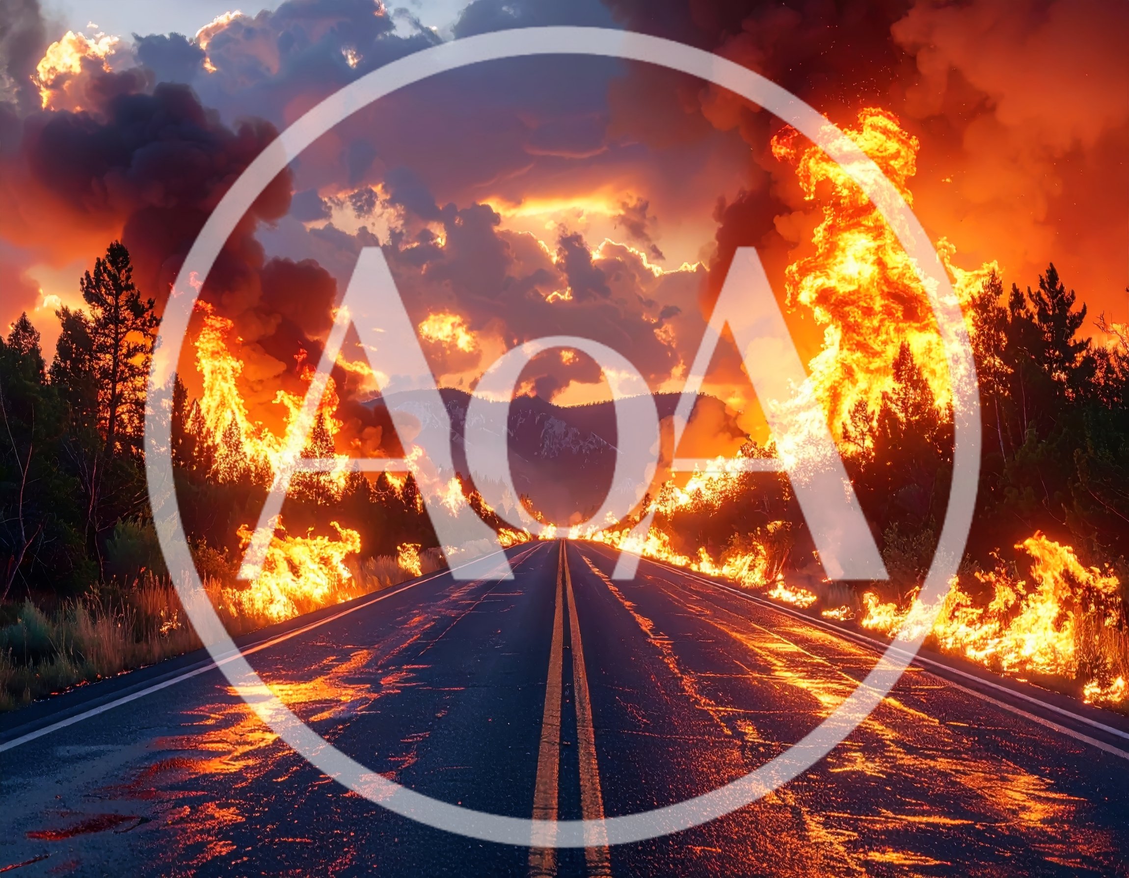 Wildfire Burning Along Both Sides Of A Mountain Highway