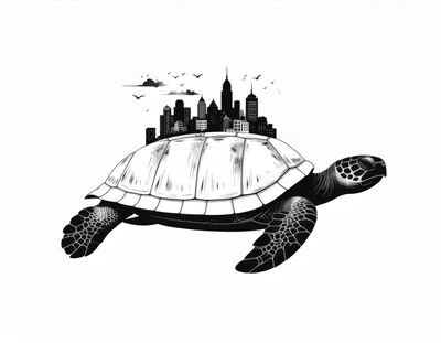 Surreal Illustration Of A Sea Turtle Carrying A City