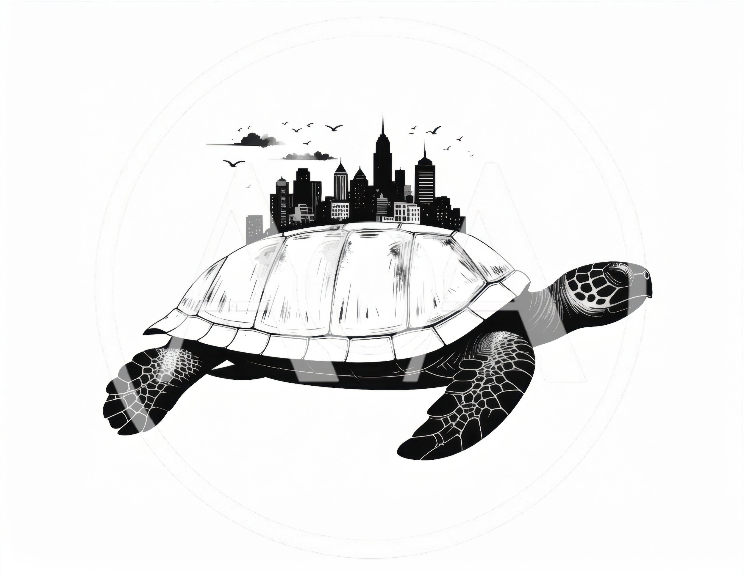 Surreal Illustration Of A Sea Turtle Carrying A City