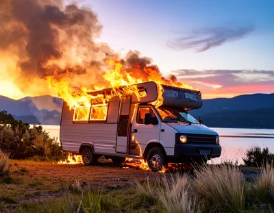Burning Recreational Vehicle Parked Near A Lake