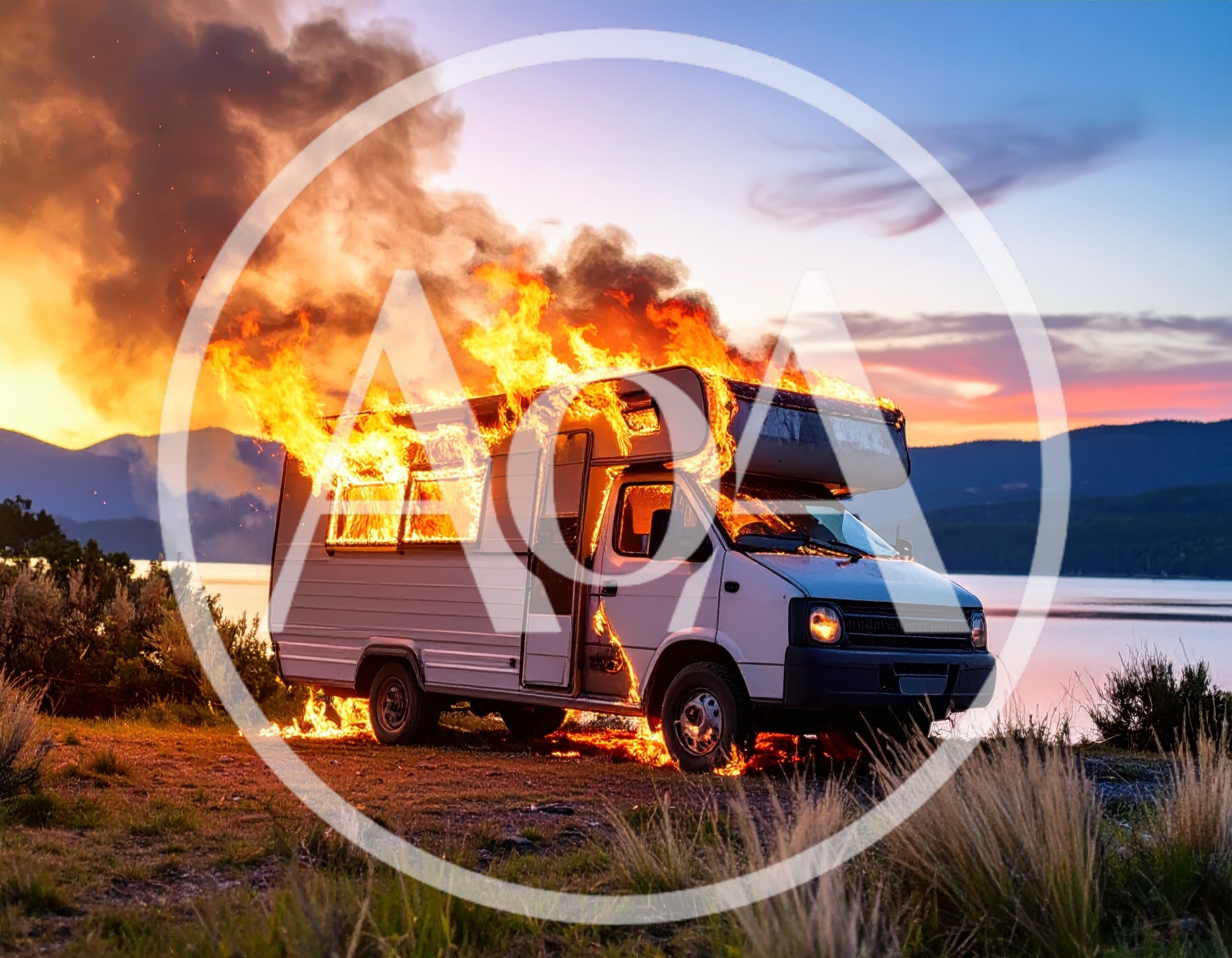 Burning Recreational Vehicle Parked Near A Lake