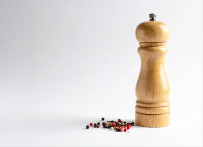 Wooden Pepper Mill With Peppercorns On White Background