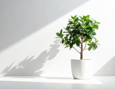 Small Potted Ficus Plant Against White Wall