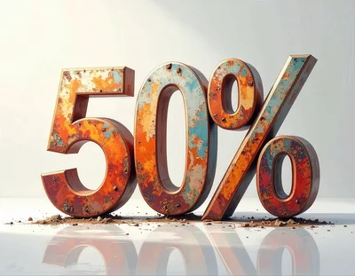 Rusty Metal Fifty Percent Sign On Reflective Surface
