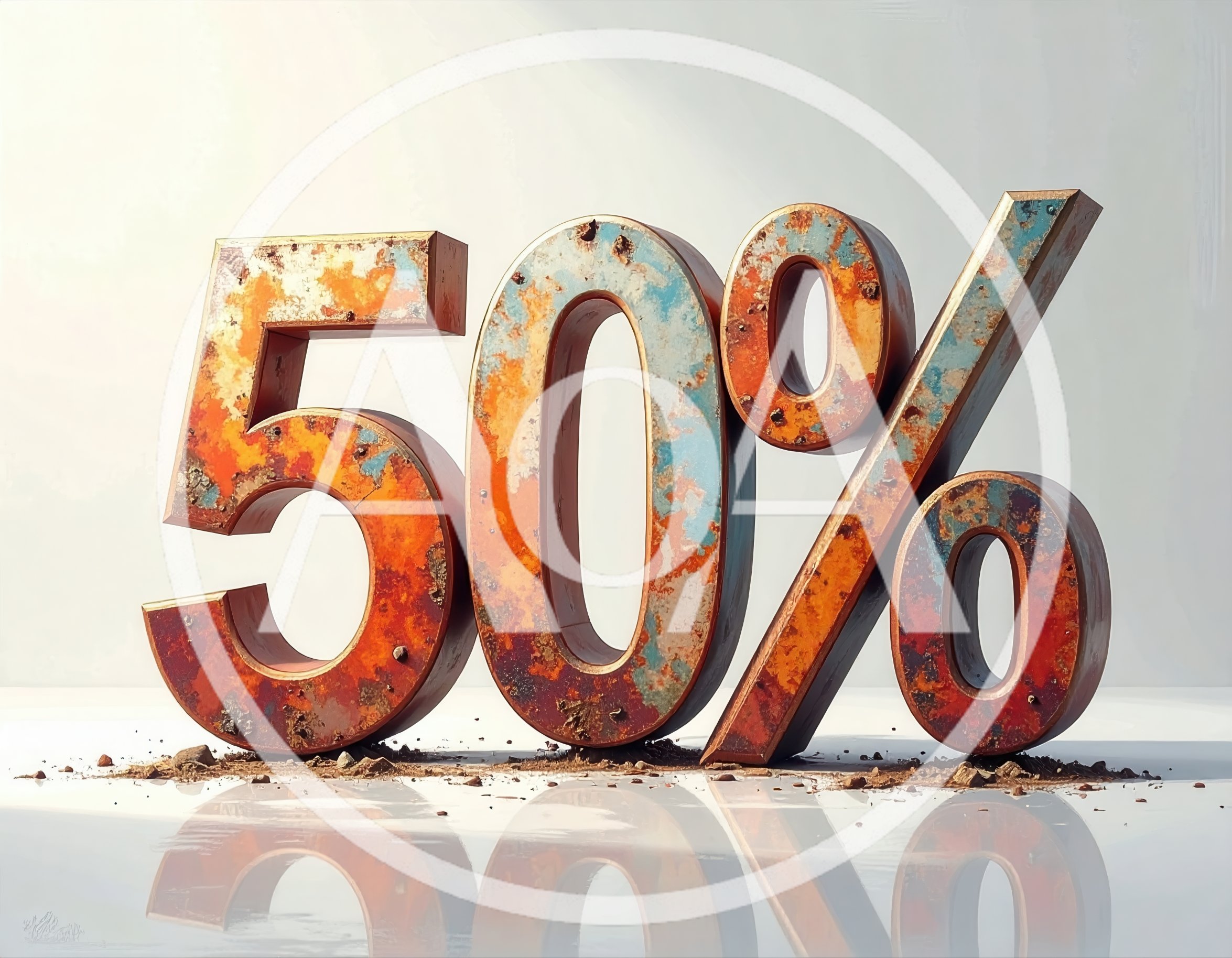 Rusty Metal Fifty Percent Sign On Reflective Surface