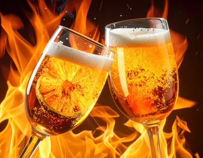 Two Champagne Glasses Toasting Against A Background Of Fire