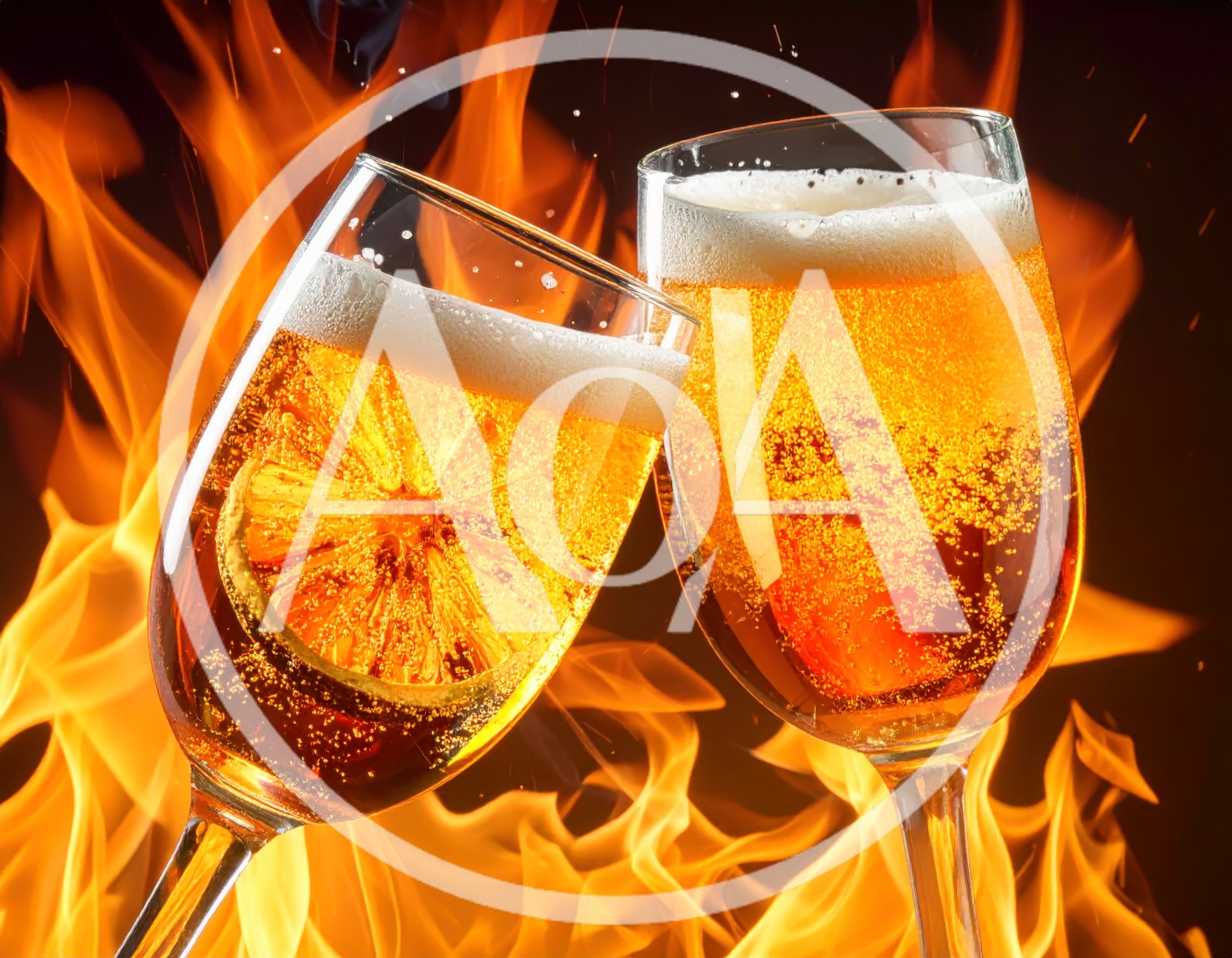 Two Champagne Glasses Toasting Against A Background Of Fire