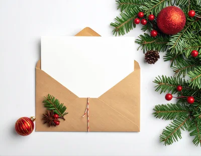 Christmas Greeting Card Mockup with Envelope and Decorations