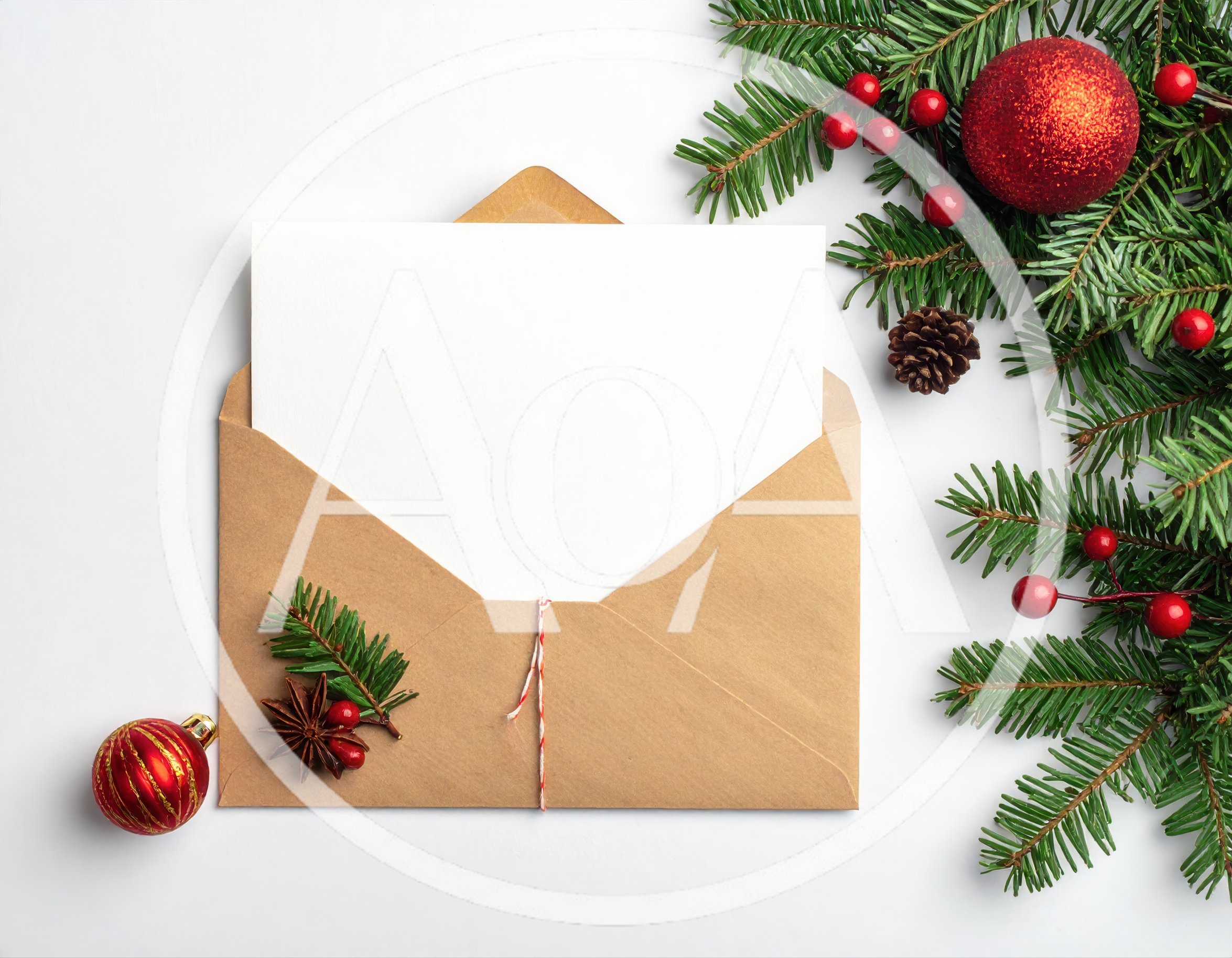 Christmas Greeting Card Mockup with Envelope and Decorations