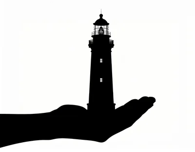 Silhouette Of A Lighthouse Held In A Human Hand