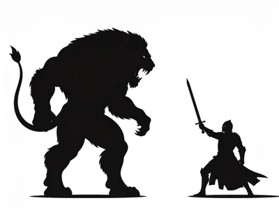Silhouette Of A Knight Fighting A Giant Lion Monster