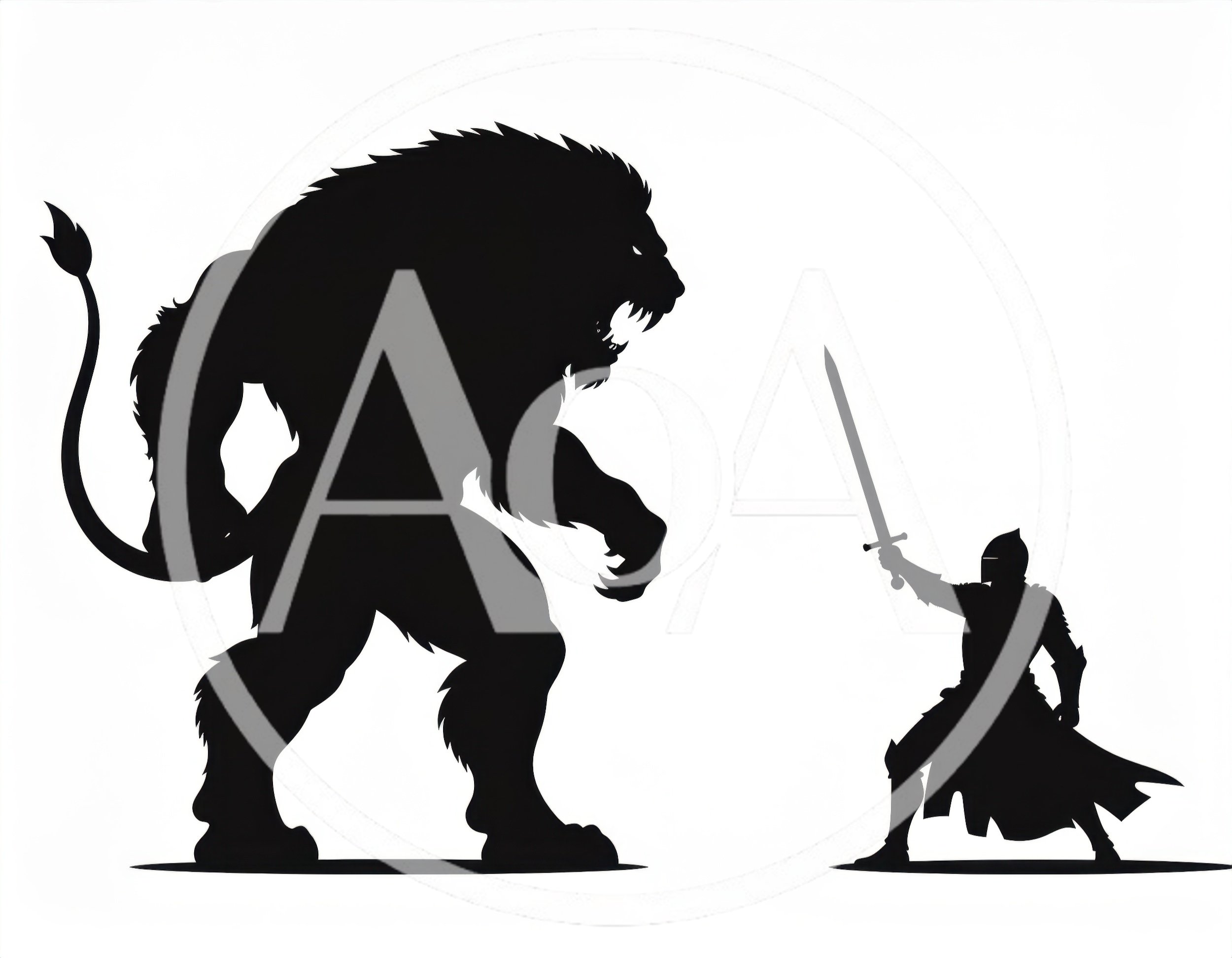 Silhouette Of A Knight Fighting A Giant Lion Monster