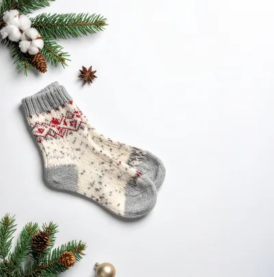 Cozy Christmas Socks With Pine Branches And Decorations