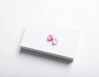 Pink Flower Petal Resting On A Stack Of Business Cards
