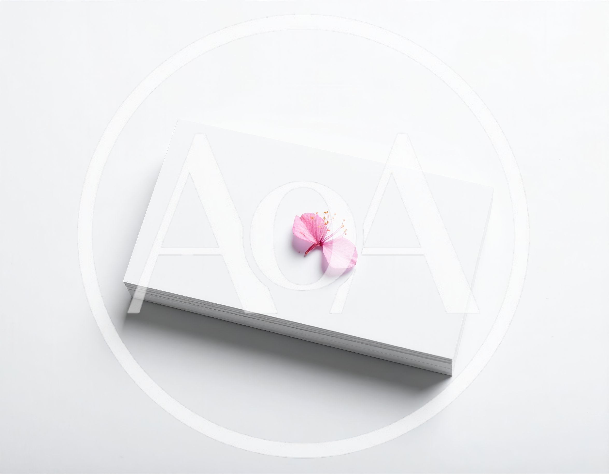 Pink Flower Petal Resting On A Stack Of Business Cards