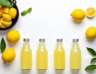 Four Bottles of Fresh Lemon Juice with Whole Lemons