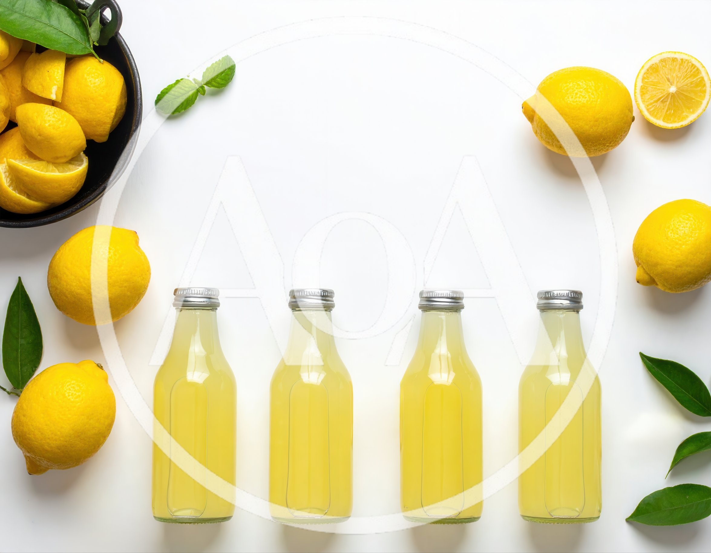 Four Bottles of Fresh Lemon Juice with Whole Lemons