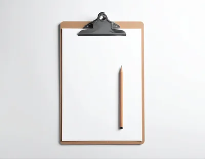 Clipboard With Blank Paper And Pencil On White Background