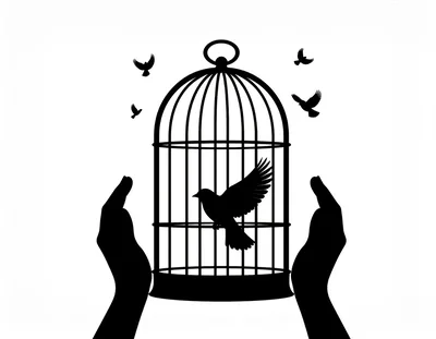 Silhouette Of Hands Holding A Birdcage With Flying Birds