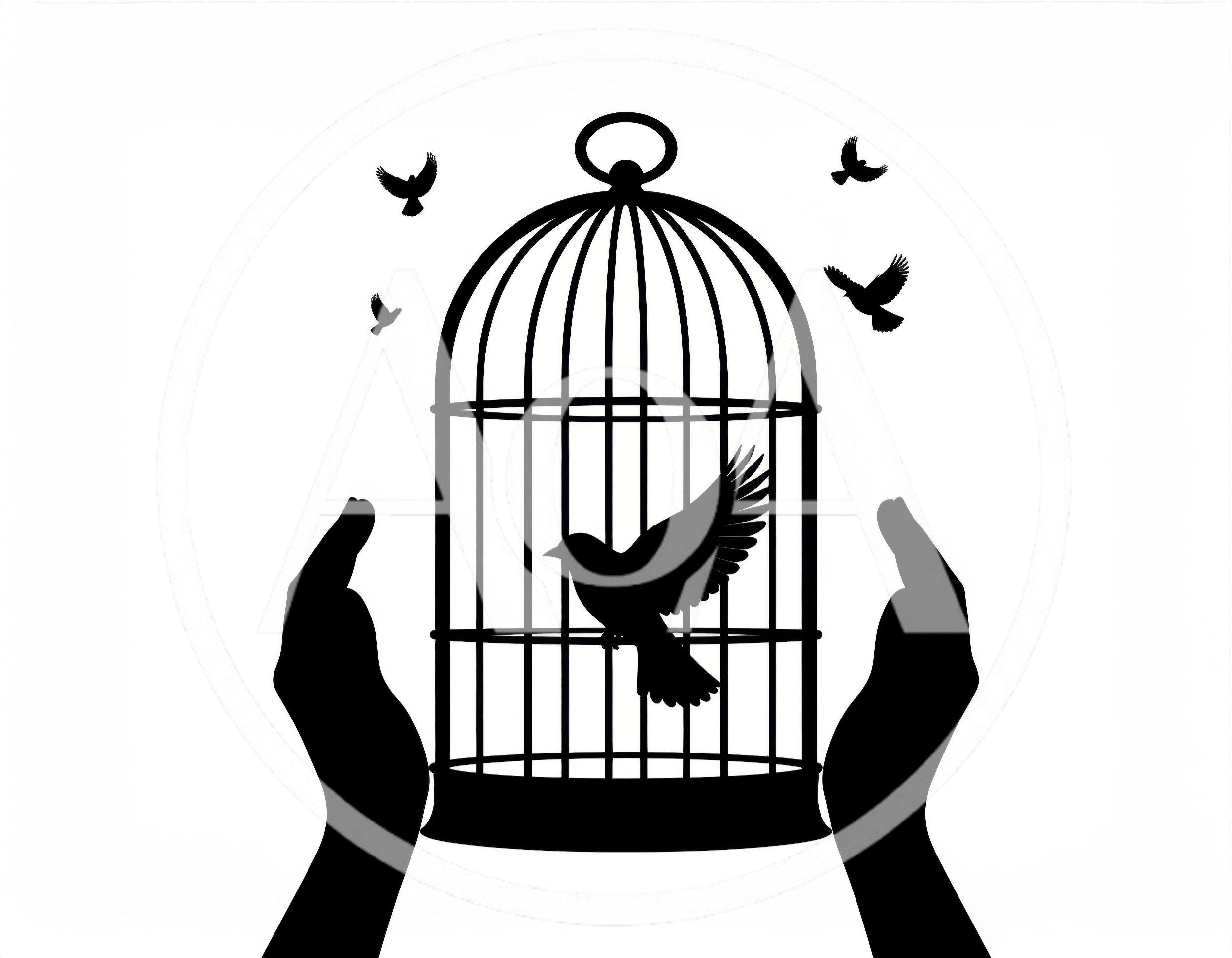 Silhouette Of Hands Holding A Birdcage With Flying Birds