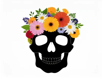 Black Skull Silhouette With A Colorful Floral Crown