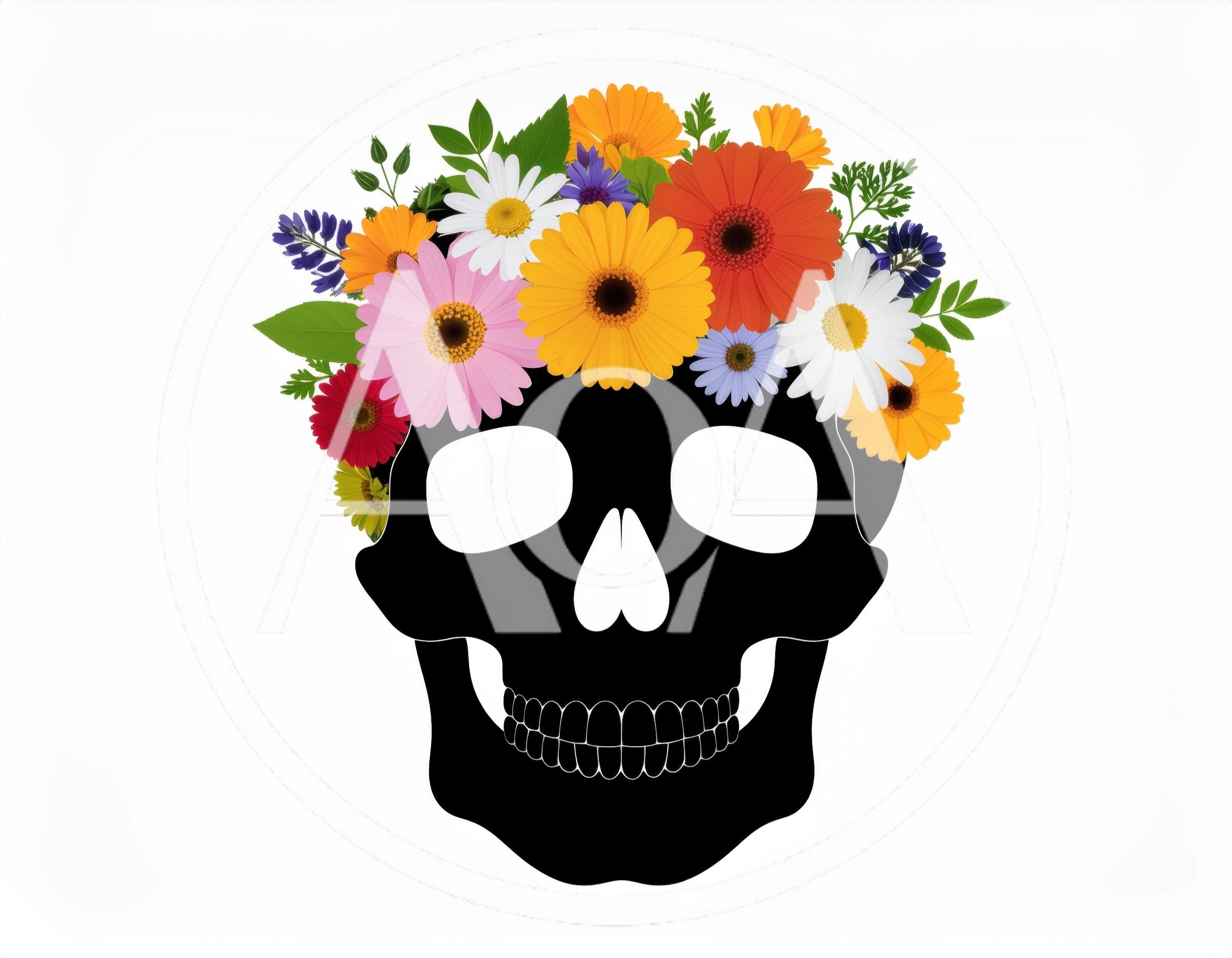 Black Skull Silhouette With A Colorful Floral Crown