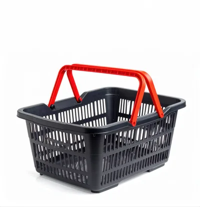 Empty Black Plastic Shopping Basket With Red Handles