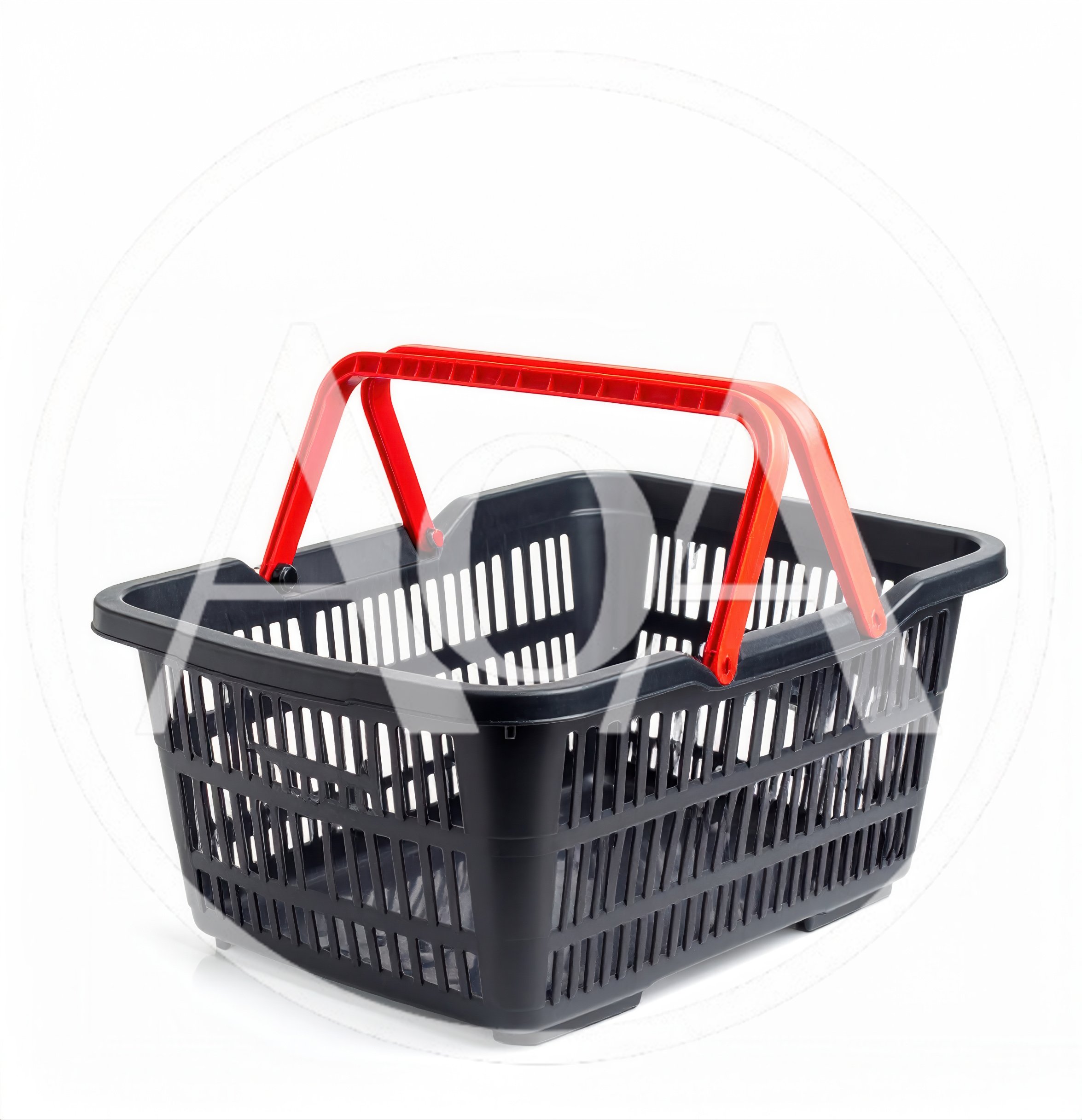 Empty Black Plastic Shopping Basket With Red Handles