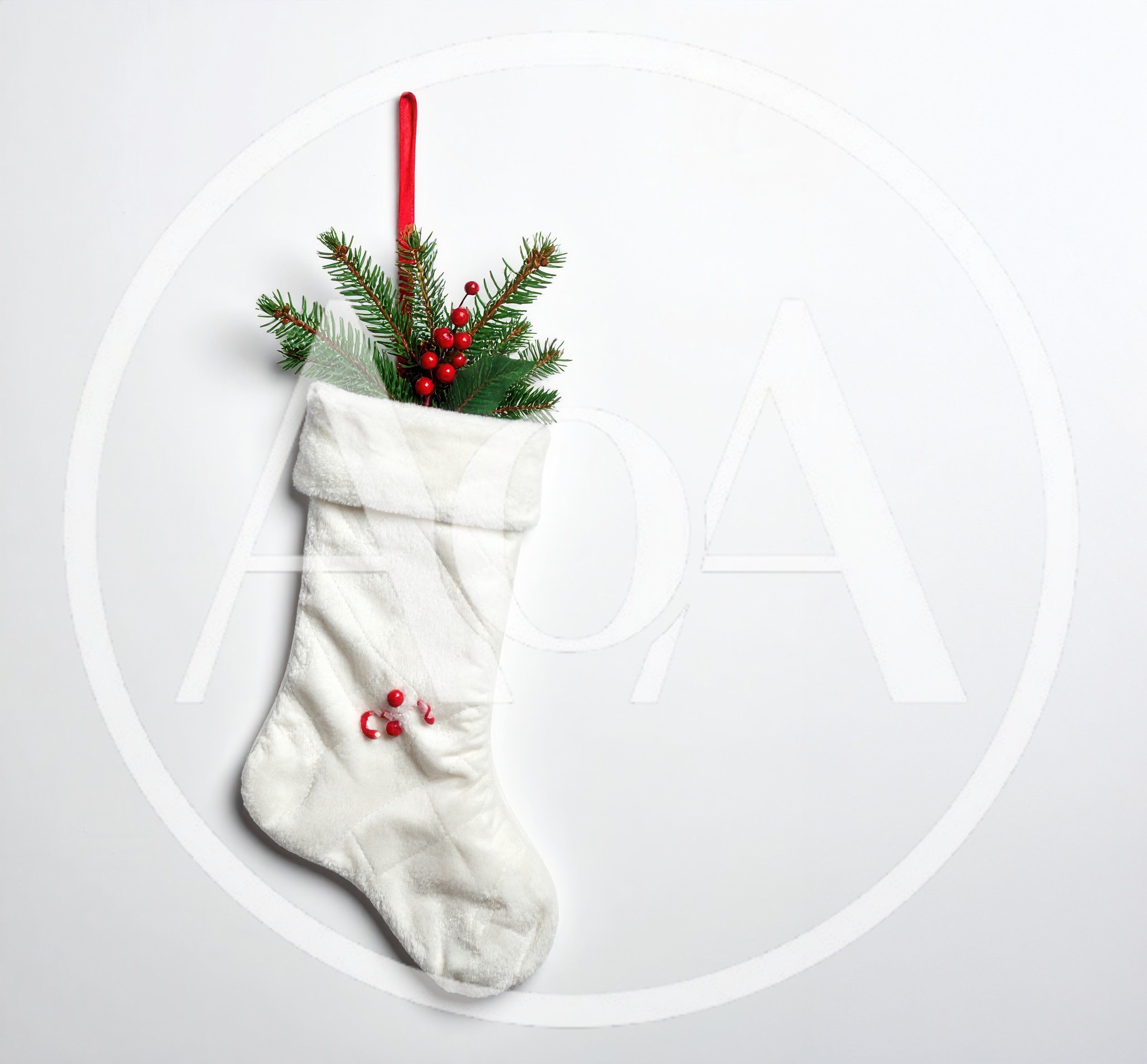 White Christmas Stocking With Pine Branches And Berries
