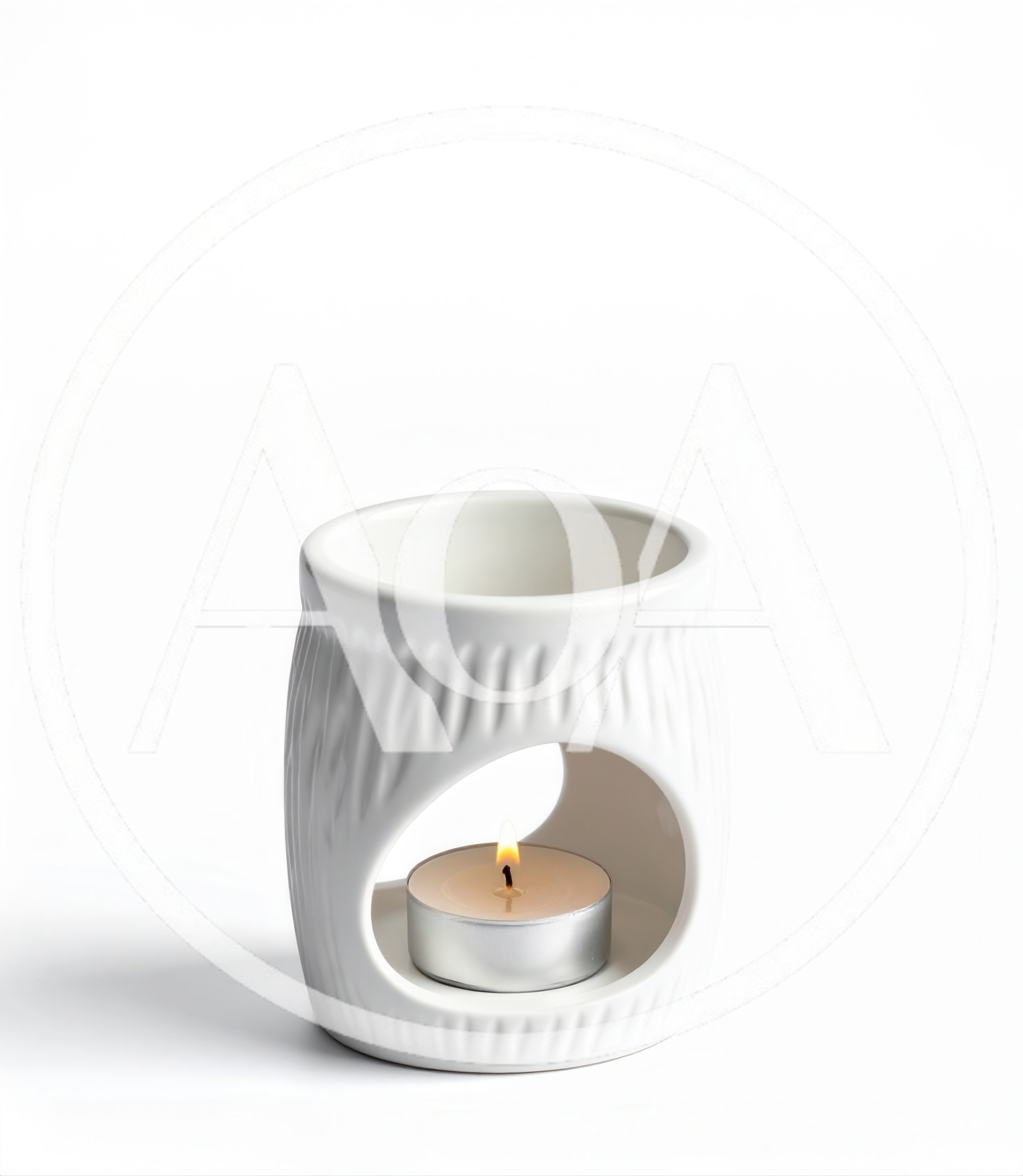 White Ceramic Oil Burner With Lit Tea Light Candle