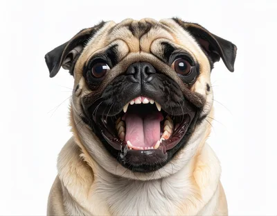 Portrait Of A Happy Pug Dog With Mouth Open