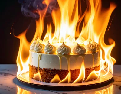 Flaming White Cheesecake on Marble Surface