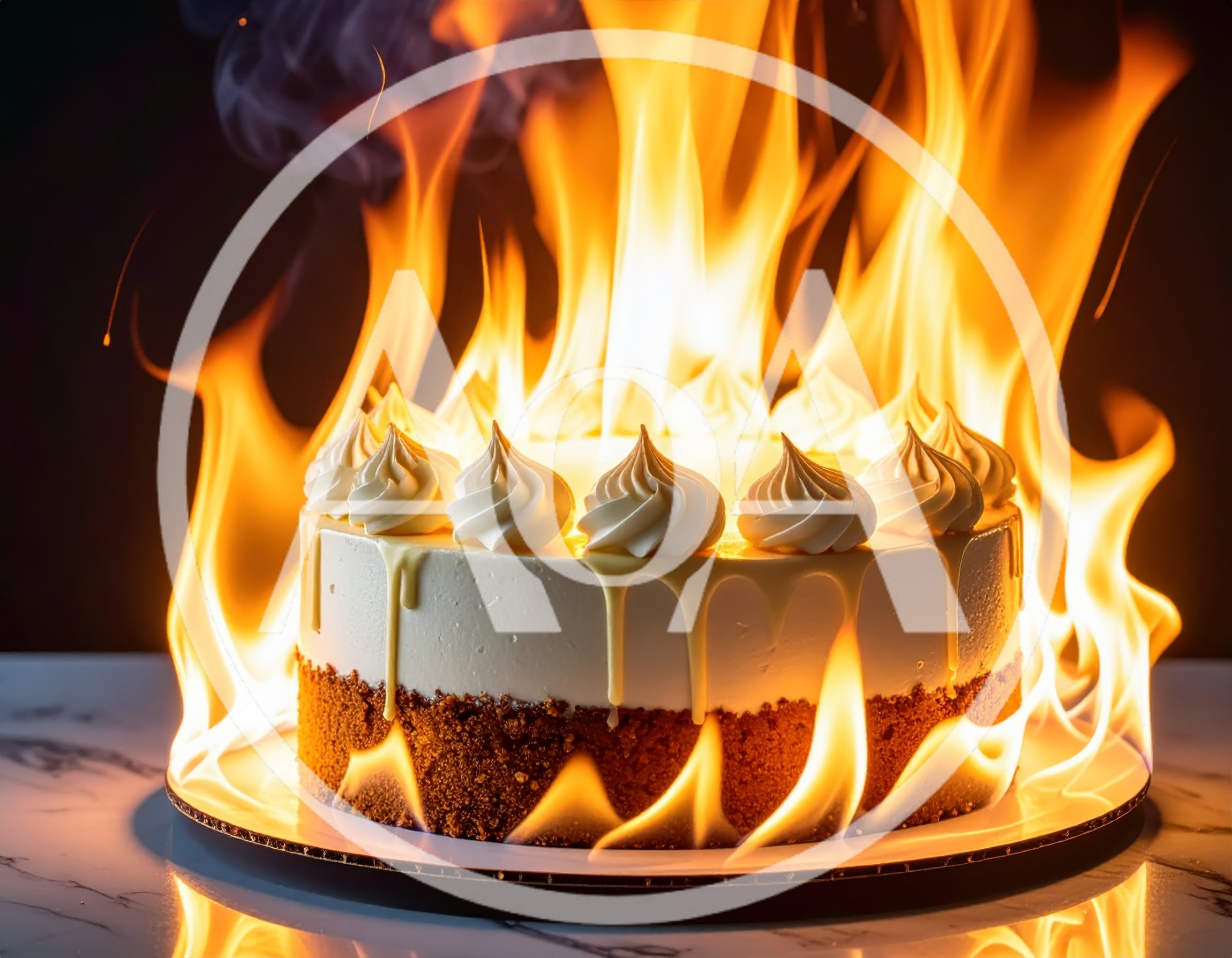 Flaming White Cheesecake on Marble Surface