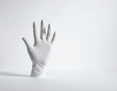 White Latex Glove Standing Upright On White Surface