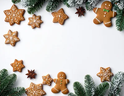 Christmas Gingerbread Cookies and Pine Branches Frame