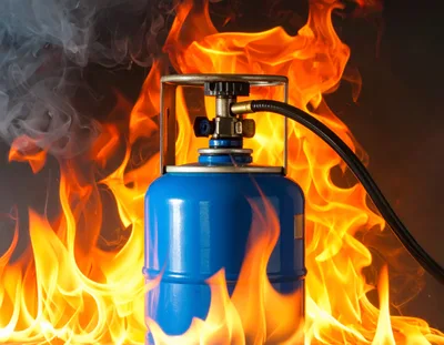 Blue Propane Gas Cylinder Engulfed In Intense Fire