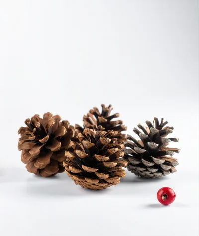 Three Pine Cones And A Single Red Berry