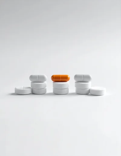 Pills Arranged in Stacks on White Background