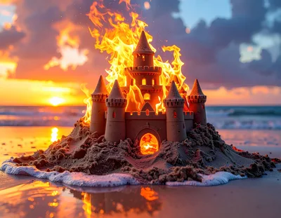 Sandcastle Burning On A Beach At Sunset