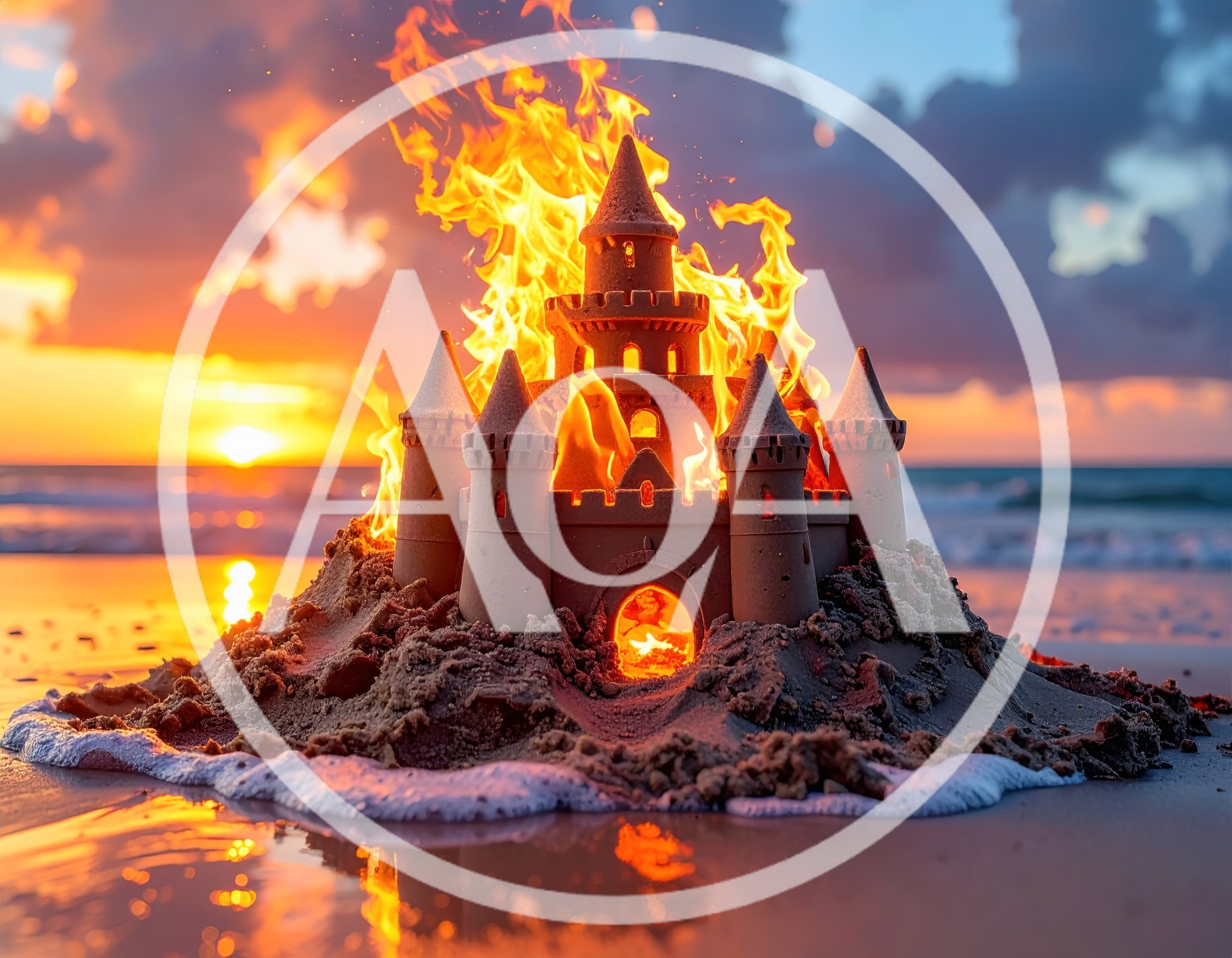 Sandcastle Burning On A Beach At Sunset