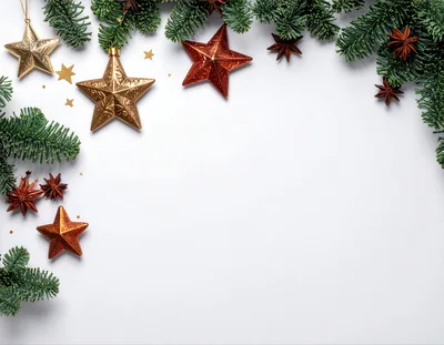 Christmas Holiday Flat Lay With Stars And Pine Branches
