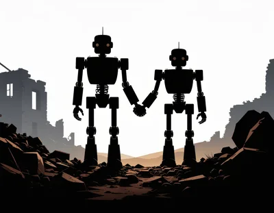 Two Silhouette Robots Holding Hands In A Ruined Landscape
