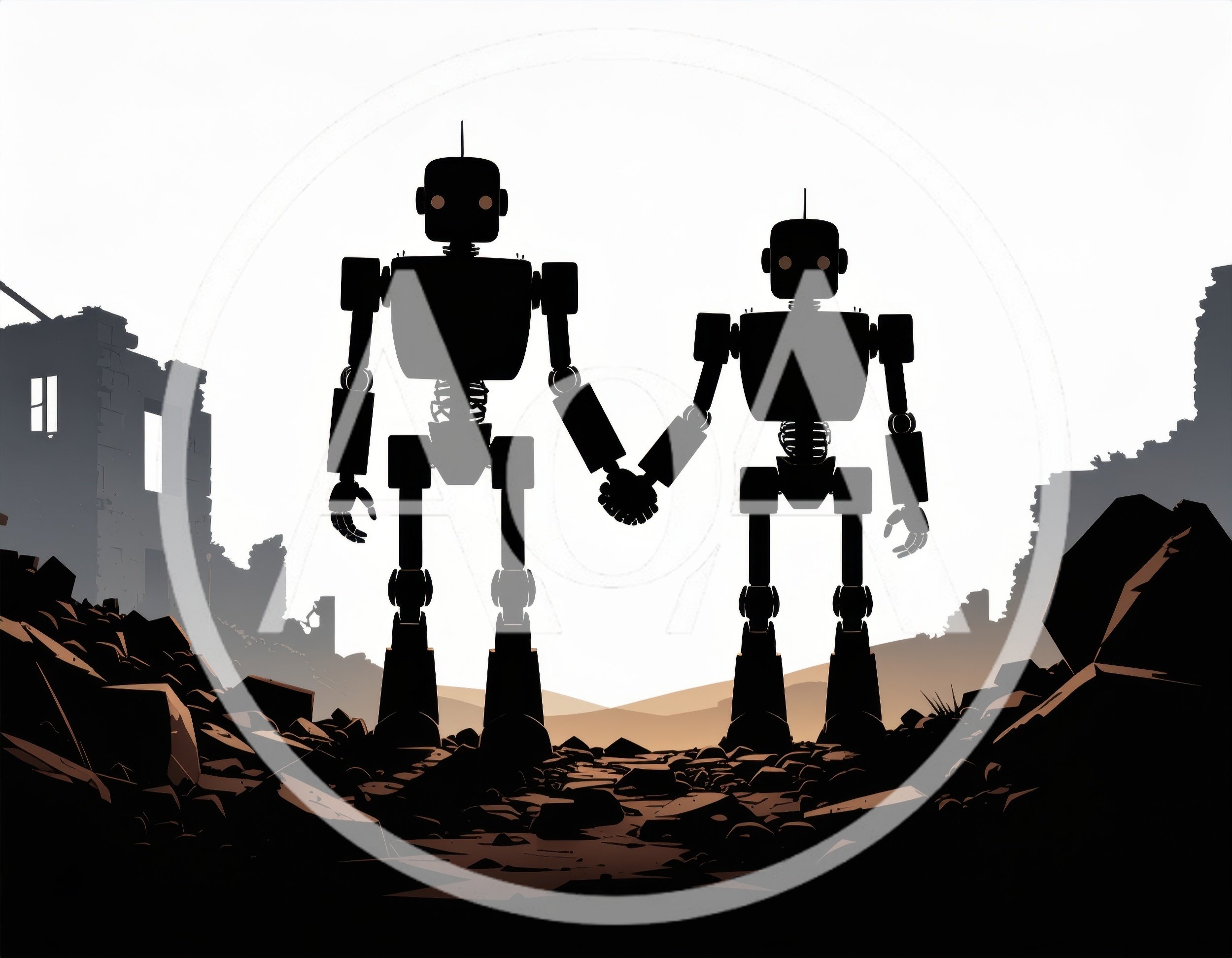 Two Silhouette Robots Holding Hands In A Ruined Landscape