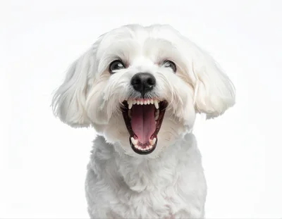 White Maltese Dog With Mouth Open Showing Teeth